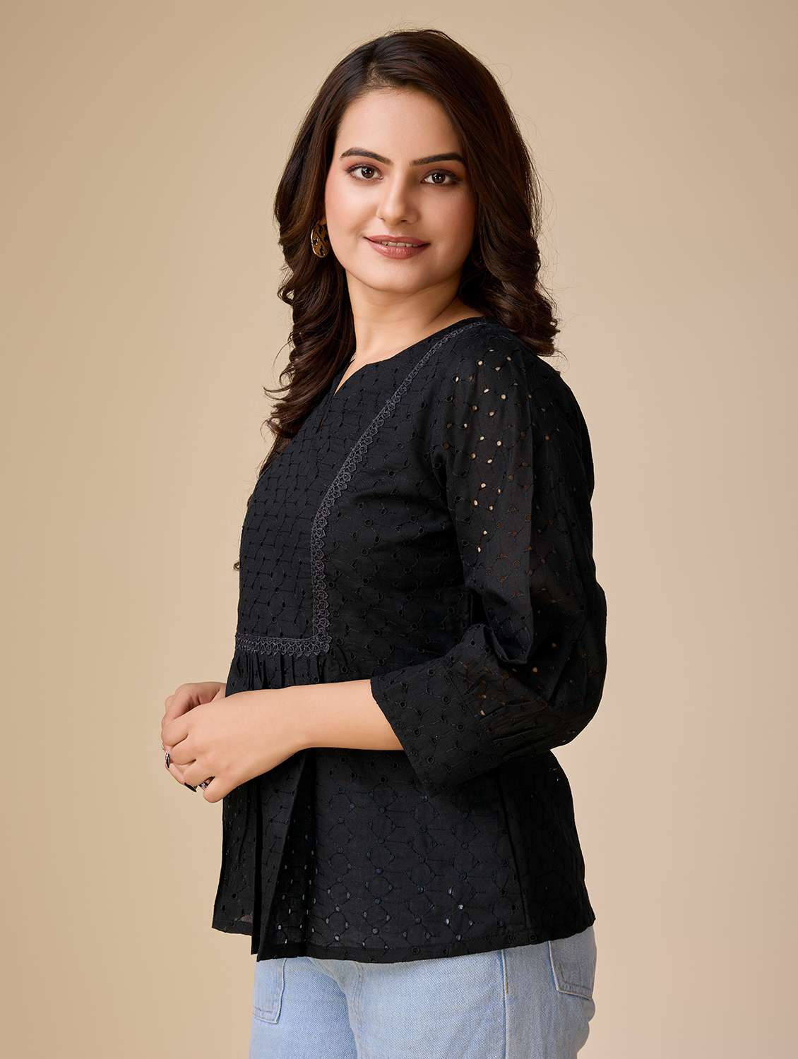 women self design three quarter sleeves a-line top - 21579436 - Standard Image - 1