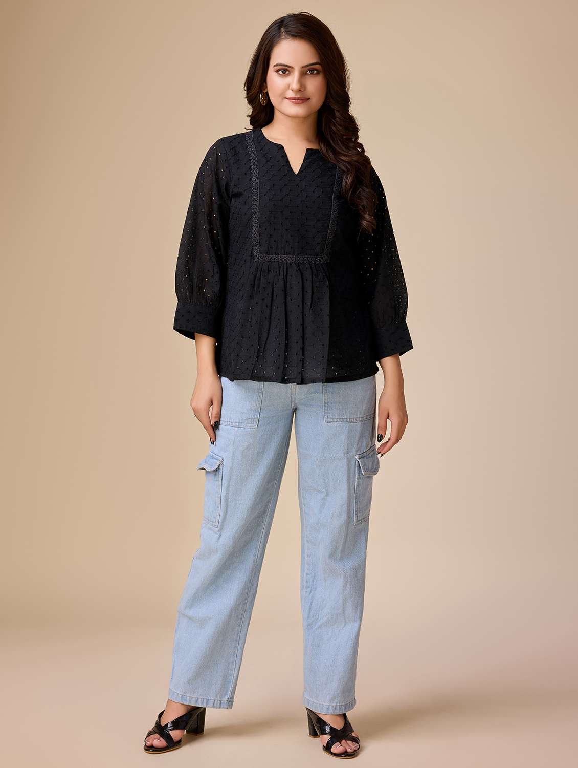 women self design three quarter sleeves a-line top - 21579436 - Standard Image - 4