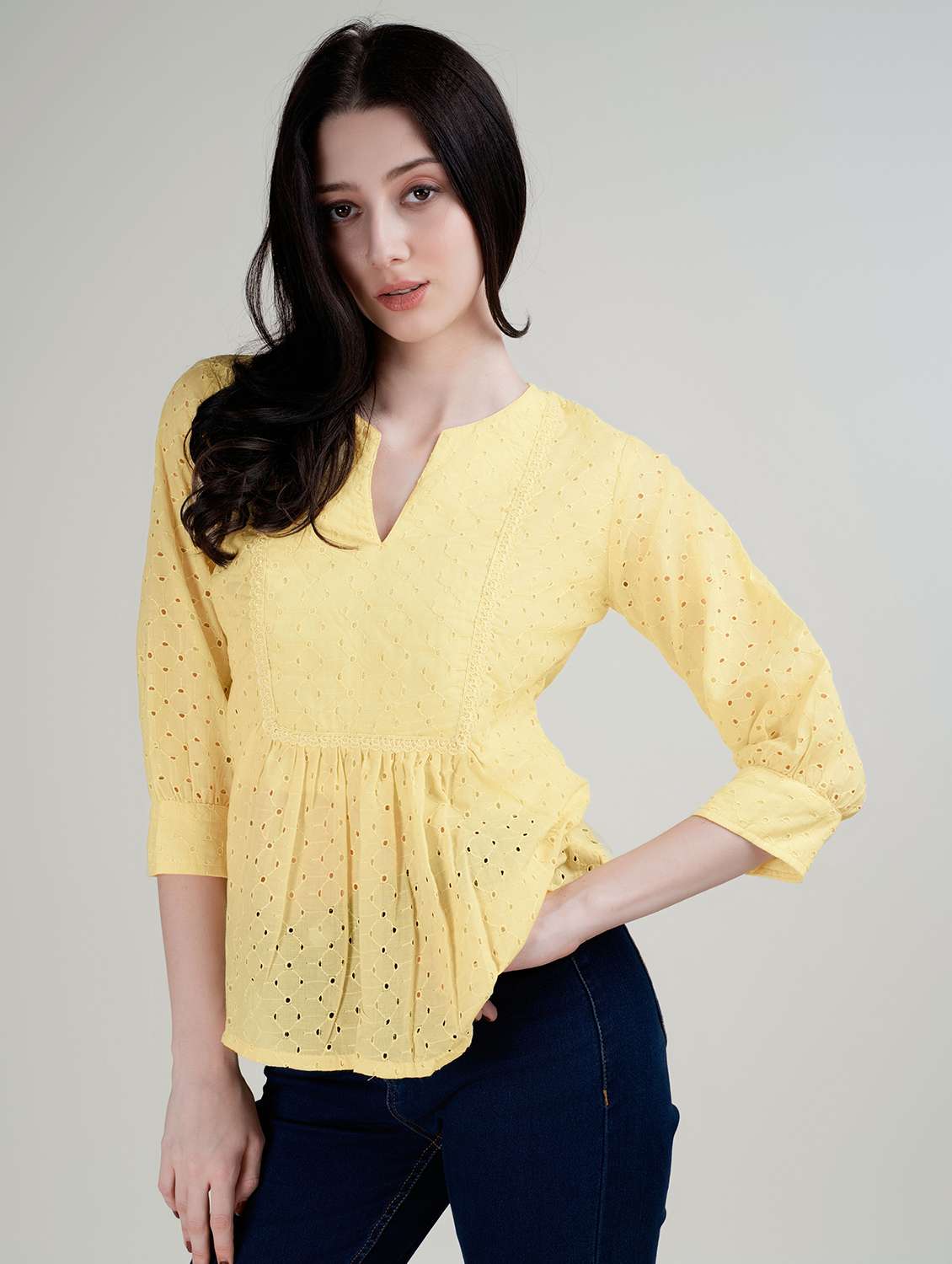 women notch neck lace detailed schiffli peplum top - 21579439 -  Standard Image - 1
