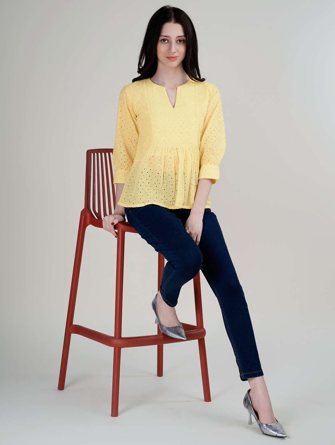 women notch neck lace detailed schiffli peplum top - 21579439 - Standard Image - 4