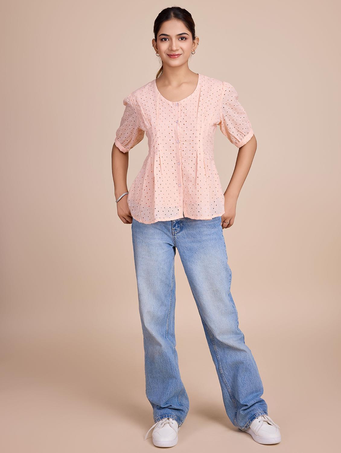 women self design short sleeves a-line top - 21579443 - Standard Image - 4