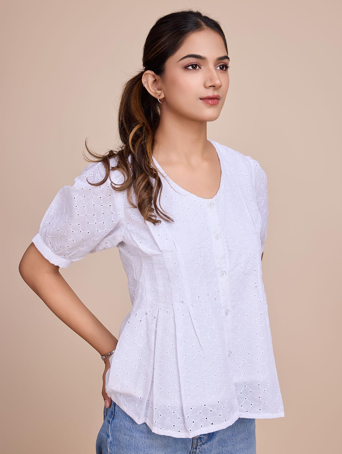 women self design short sleeves a-line top - 21579445 - Standard Image - 1
