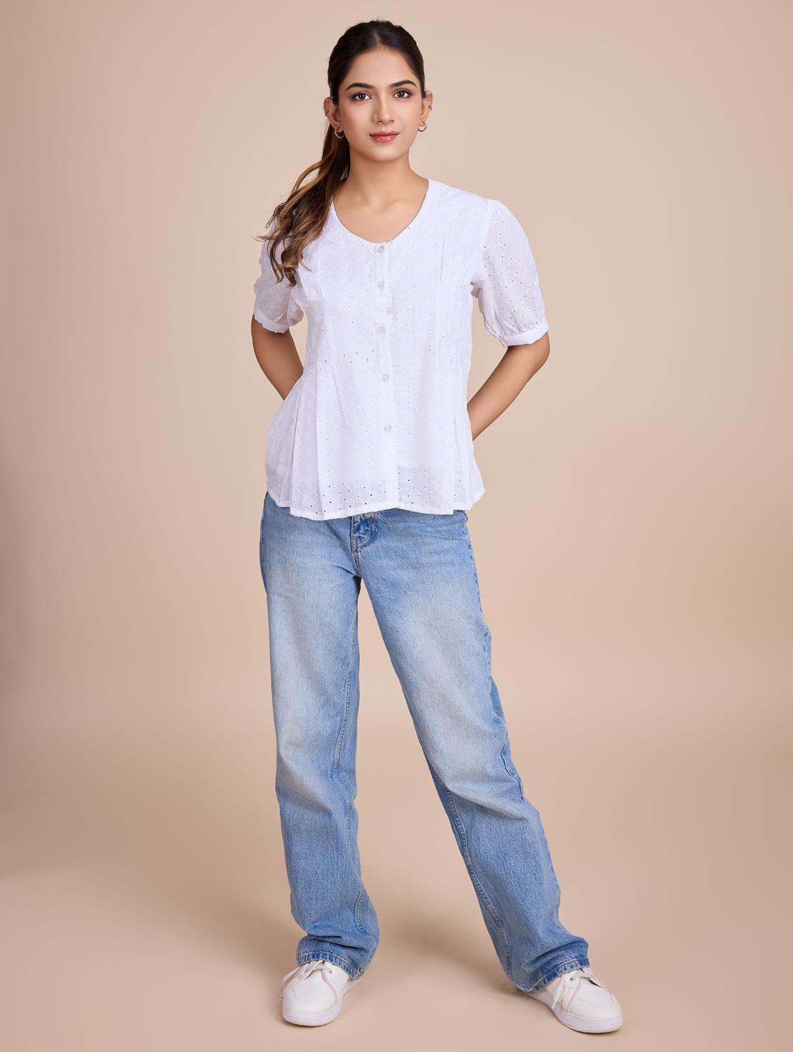 women self design short sleeves a-line top - 21579445 - Standard Image - 4