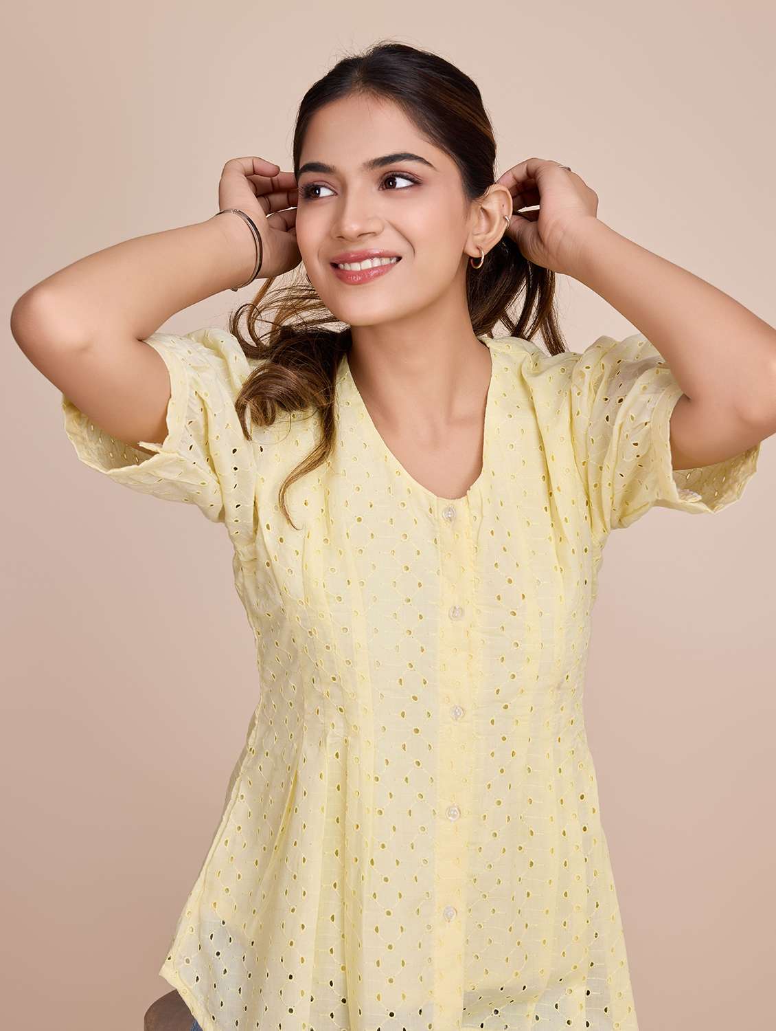 women self design short sleeves a-line top - 21579446 -  Standard Image - 1