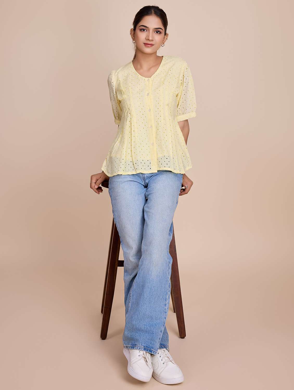 women self design short sleeves a-line top - 21579446 - Standard Image - 4