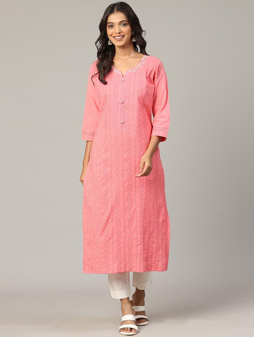 women peach three quarter sleeve straight kurta