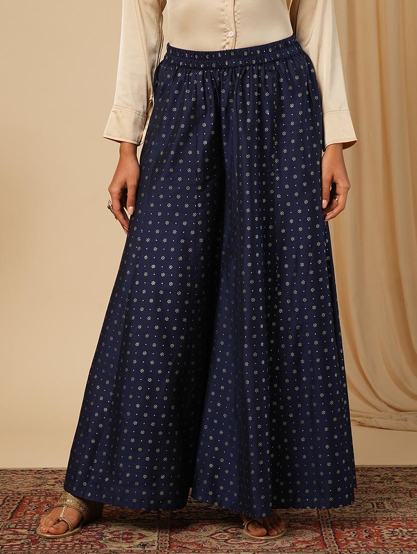 globus women blue ethnic motifs silver foil print elasticated flared festive kali palazzos - 21579801 - Zoom Image - 0