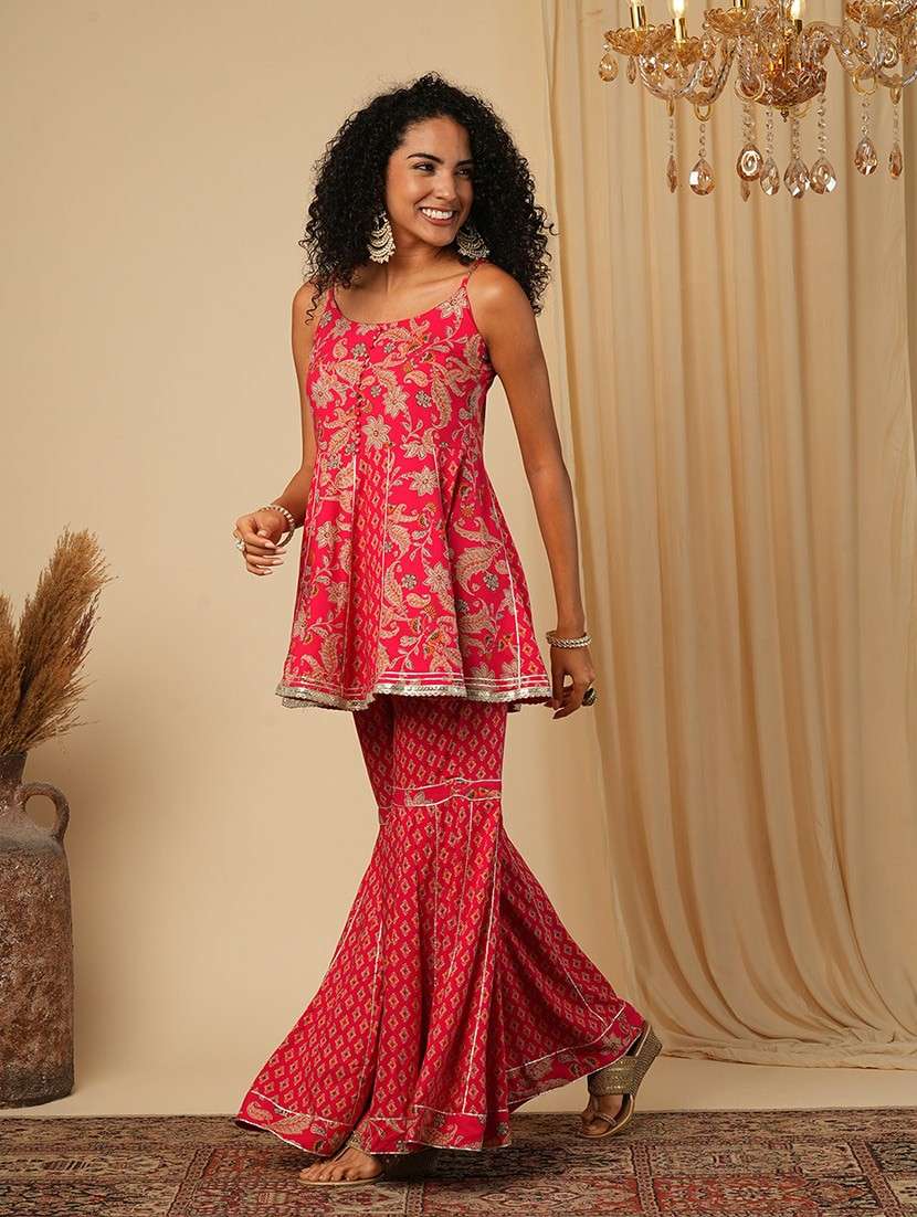 globus women pink strappy shoulder floral paisley printed gotta lace detail kali panelled top with sharara fusion co-ord set