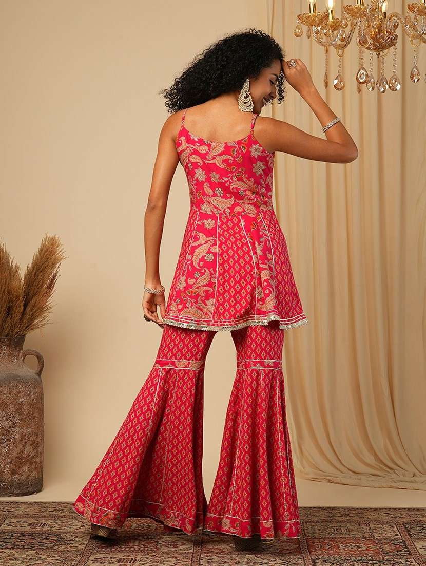 globus women pink strappy shoulder floral paisley printed gotta lace detail kali panelled top with sharara fusion co-ord set - 21579813 -  Standard Image - 1