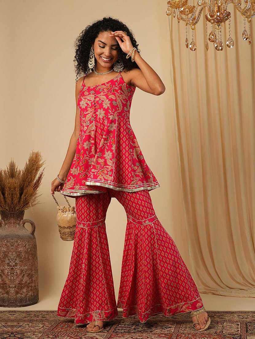 globus women pink strappy shoulder floral paisley printed gotta lace detail kali panelled top with sharara fusion co-ord set - 21579813 -  Standard Image - 4