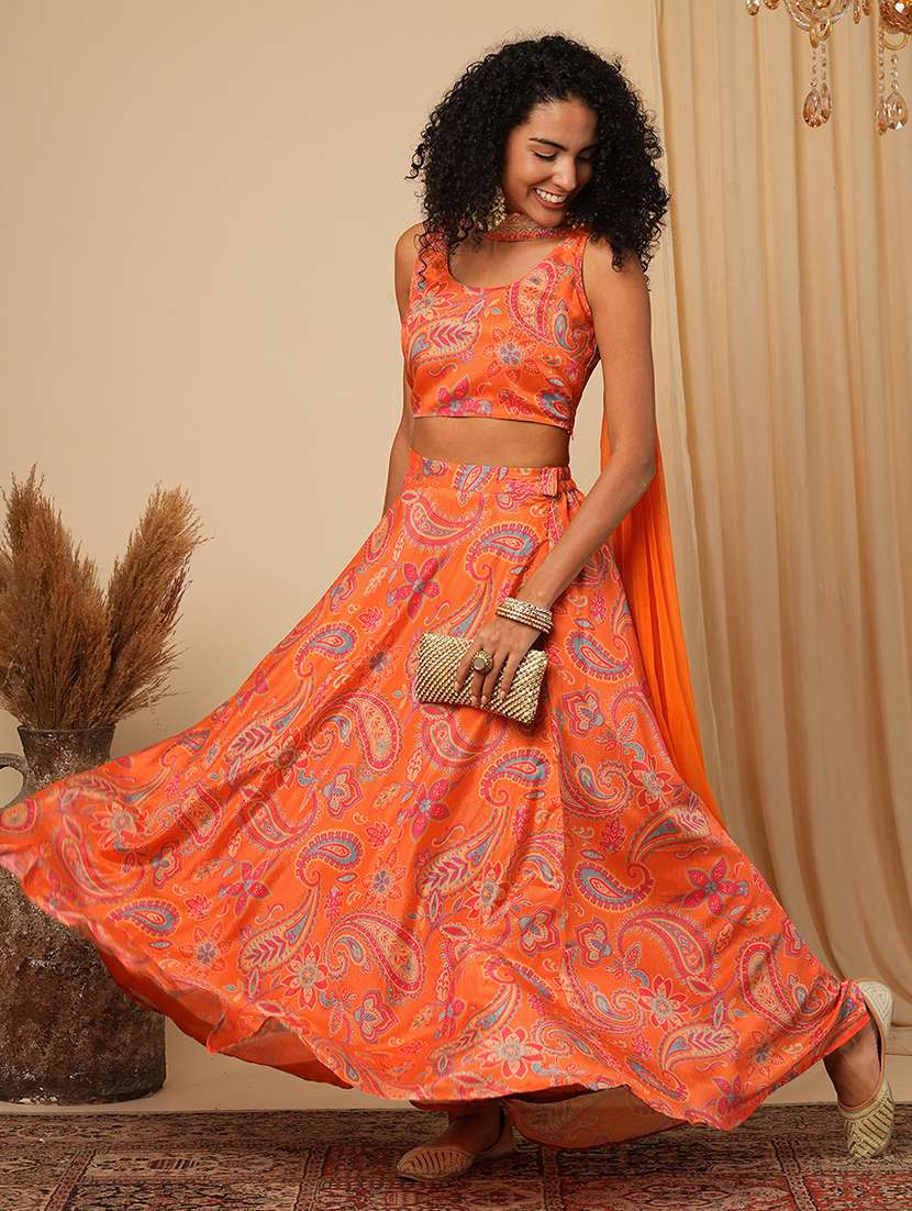 globus women orange sleeveless floral paisley printed blouse with lehenga & embroidered choker dupatta fusion co-ord set