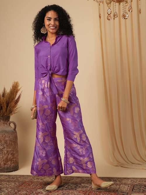 globus women purple cuffed sleeves solid tie-up detail crop shirt fusion co-ord set - 21579820 -  Standard Image - 0