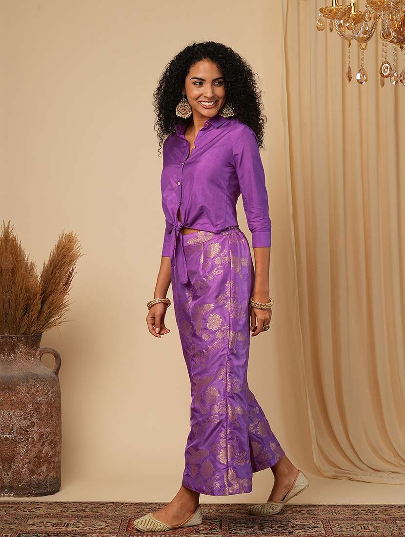 globus women purple cuffed sleeves solid tie-up detail crop shirt fusion co-ord set - 21579820 -  Standard Image - 1