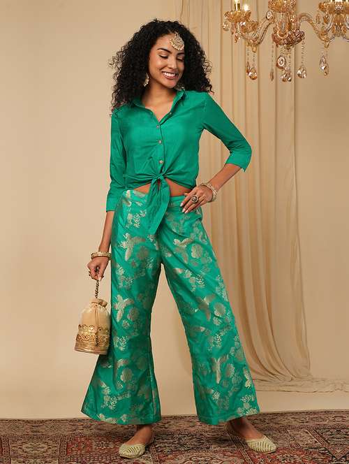 globus women green cuffed sleeves solid tie-up detail crop shirt with brocade floral woven design flared pants fusion co-ord set - 21579821 - Standard Image - 0