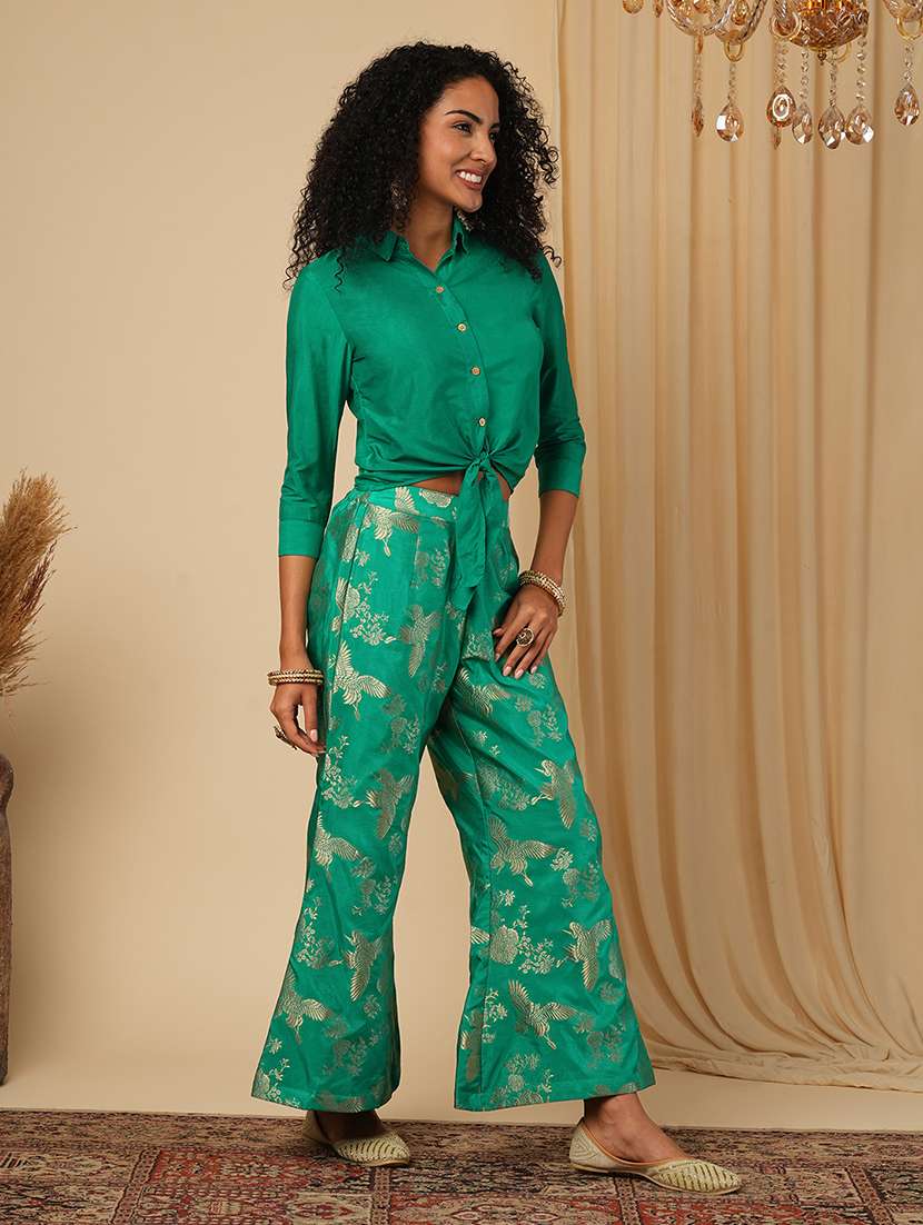 globus women green cuffed sleeves solid tie-up detail crop shirt with brocade floral woven design flared pants fusion co-ord set - 21579821 - Standard Image - 1