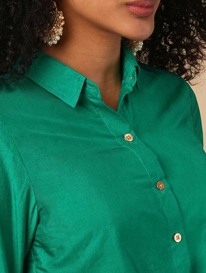 globus women green cuffed sleeves solid tie-up detail crop shirt with brocade floral woven design flared pants fusion co-ord set - 21579821 - Standard Image - 4