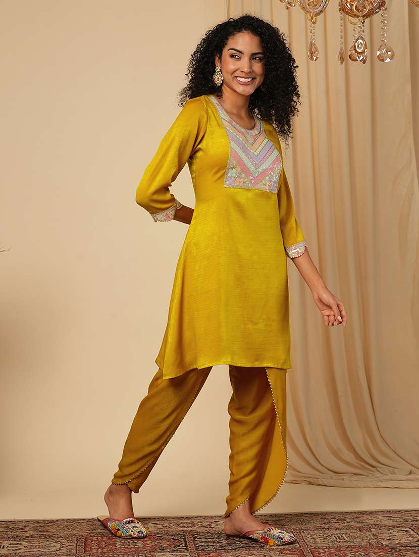 globus women mustard sequinned yoke design scalloped sleeves satin velvet tunic with tulip hem dhoti pants fusion co-ord set