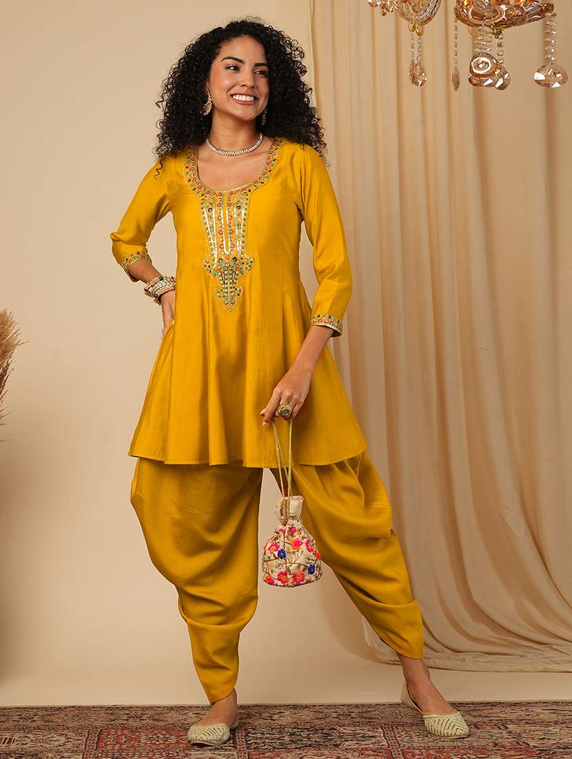 globus women yellow floral sequinned & embroidered yoke a-line peplum top with dhoti pants fusion co-ord set