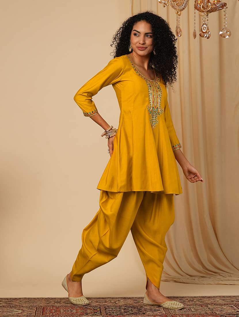 globus women yellow floral sequinned & embroidered yoke a-line peplum top with dhoti pants fusion co-ord set - 21579823 - Standard Image - 1