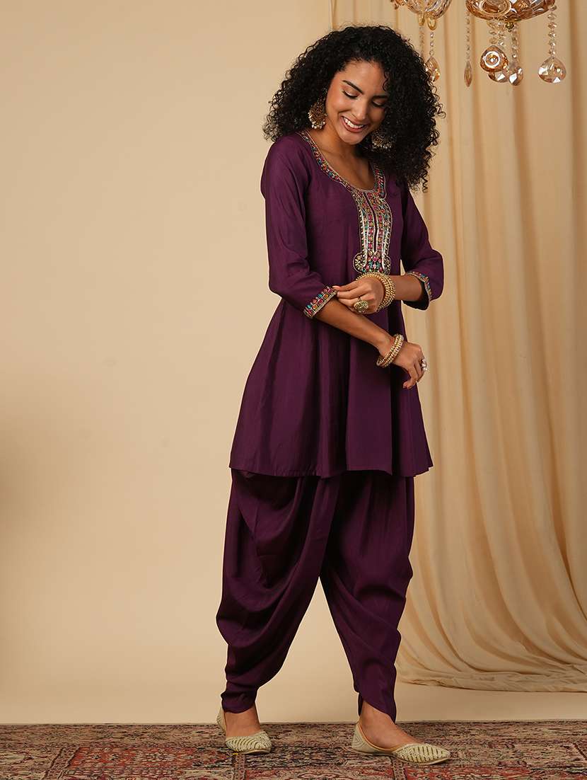 globus women purple floral sequinned & embroidered yoke a-line peplum top with dhoti pants fusion co-ord set - 21579824 -  Standard Image - 1