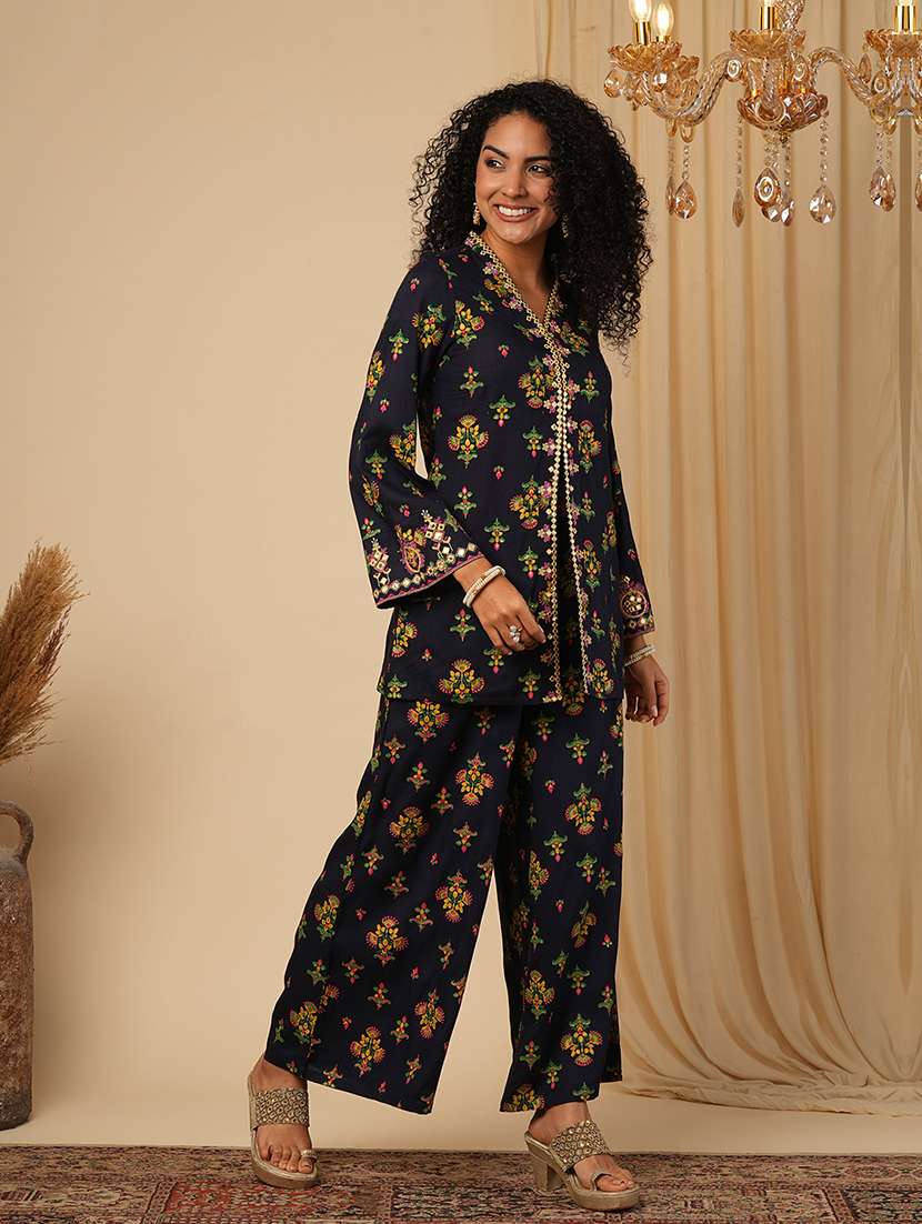 globus women blue embroidery detail mirror work ethnic motifs bell sleeves front slit top with pants fusion co-ord set - 21579825 - Standard Image - 1
