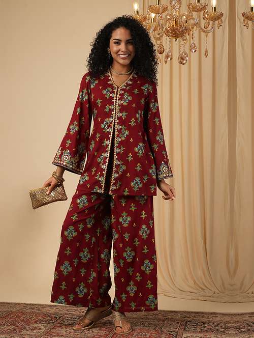 globus women maroon embroidery detail mirror work ethnic motifs bell sleeves front slit top with pants fusion co-ord set - 21579826 - Standard Image - 0