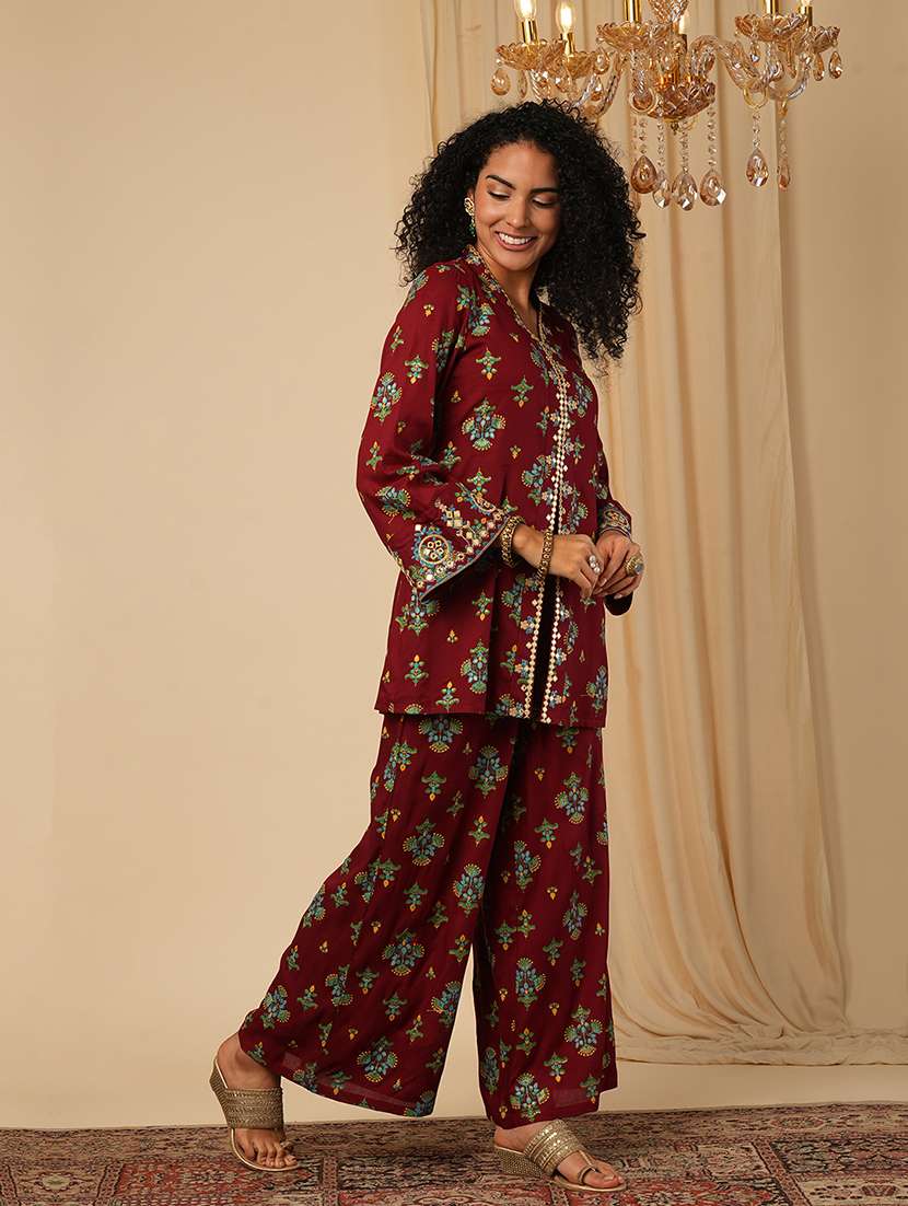 globus women maroon embroidery detail mirror work ethnic motifs bell sleeves front slit top with pants fusion co-ord set - 21579826 -  Standard Image - 1