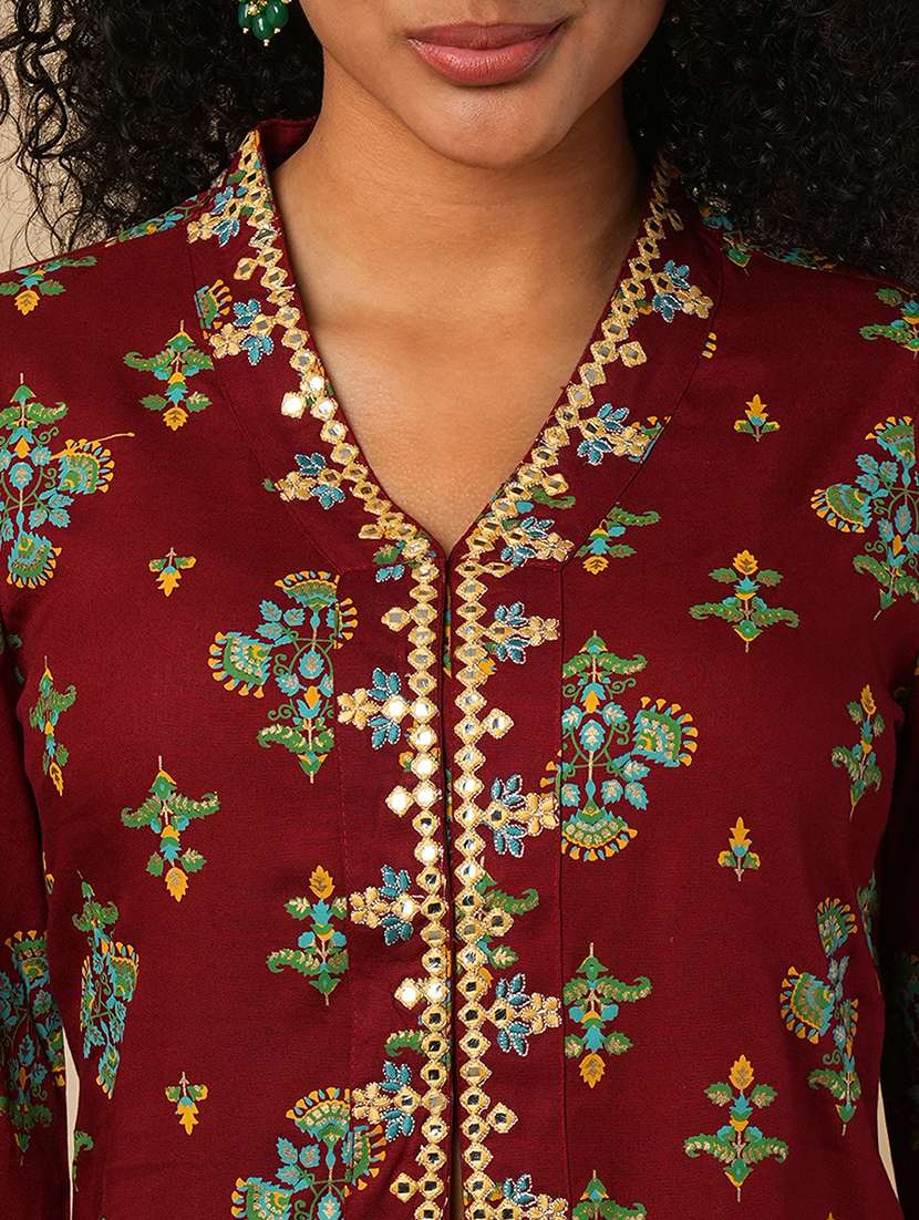 globus women maroon embroidery detail mirror work ethnic motifs bell sleeves front slit top with pants fusion co-ord set - 21579826 - Standard Image - 4