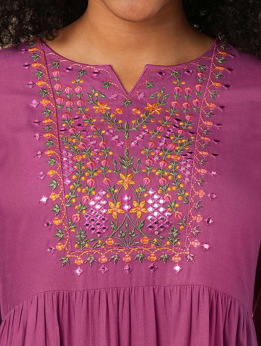 globus women purple embroidered yoke bishop sleeves a-line tiered fusion dress - 21579829 -  Standard Image - 4