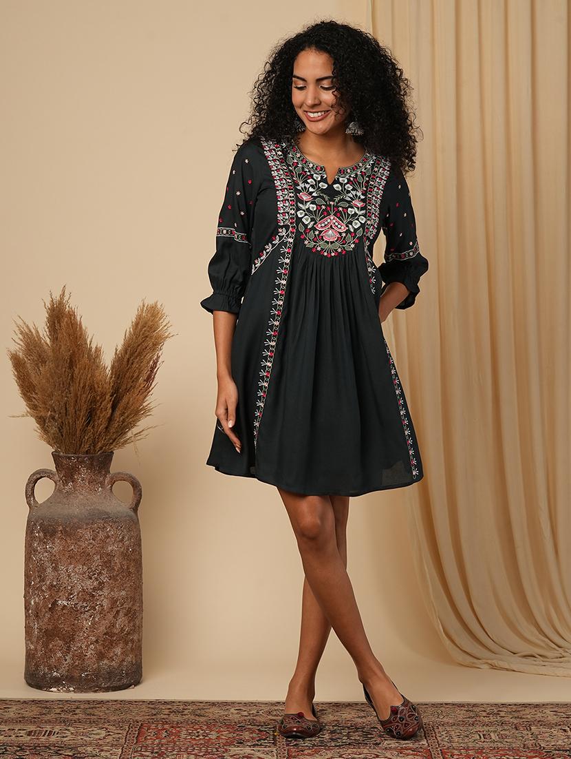 globus women green floral embroidered yoke a-line pleated panelled mini fusion dress - 21579833 - Standard Image - 1