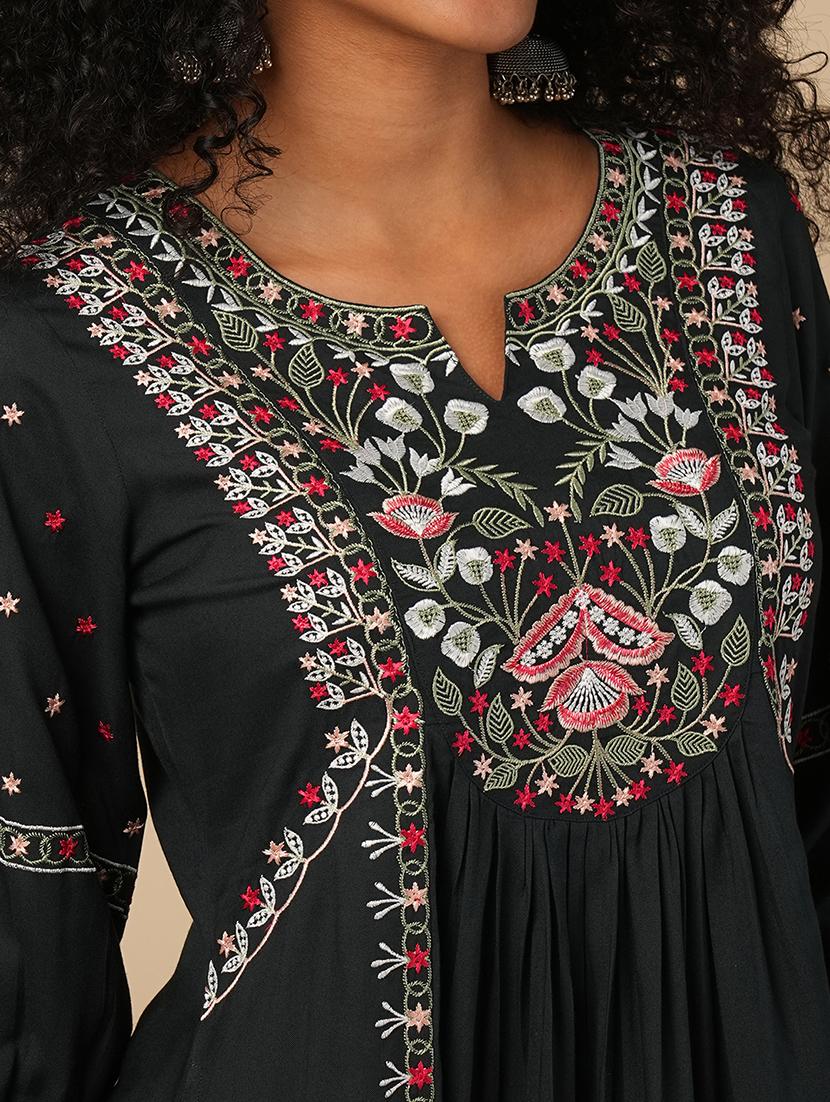 globus women green floral embroidered yoke a-line pleated panelled mini fusion dress - 21579833 - Standard Image - 4