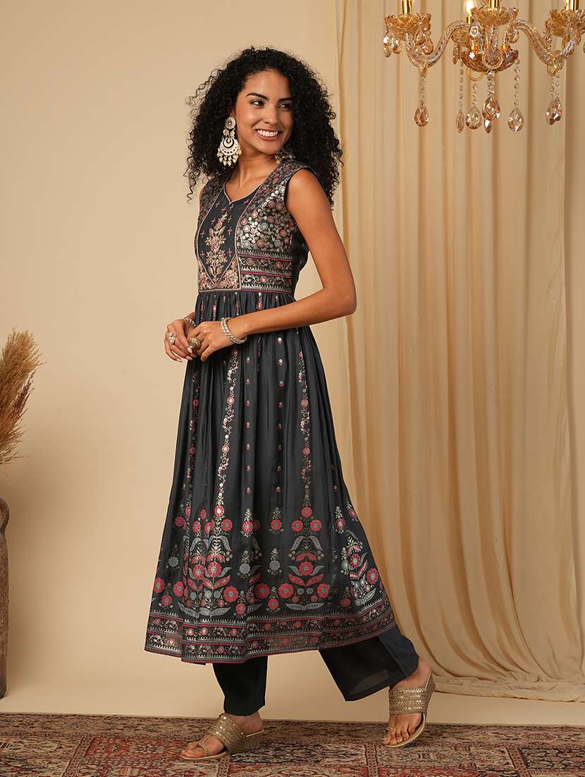 globus women grey embroidered yoke floral detailing foil print kurta & wide leg trousers festive set - 21579839 -  Standard Image - 1