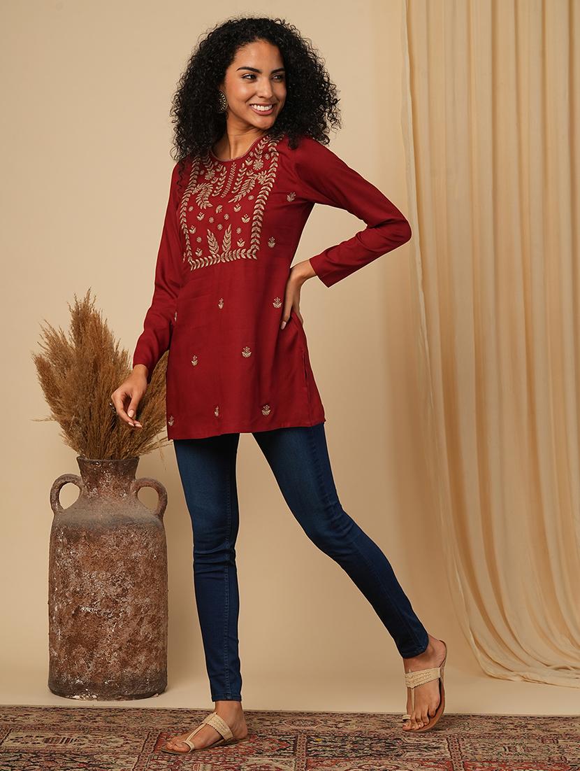 globus women maroon embroidered yoke neck ethnic print workwear tunic - 21579854 -  Standard Image - 1