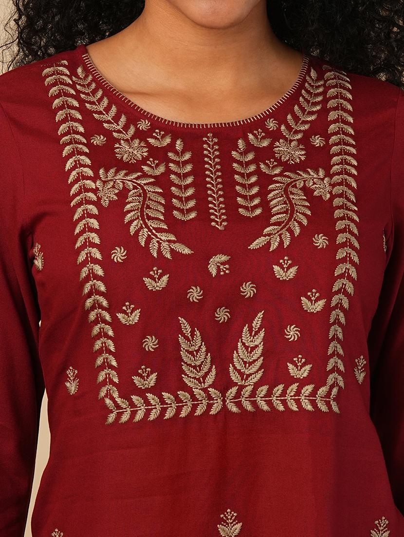 globus women maroon embroidered yoke neck ethnic print workwear tunic - 21579854 - Standard Image - 4