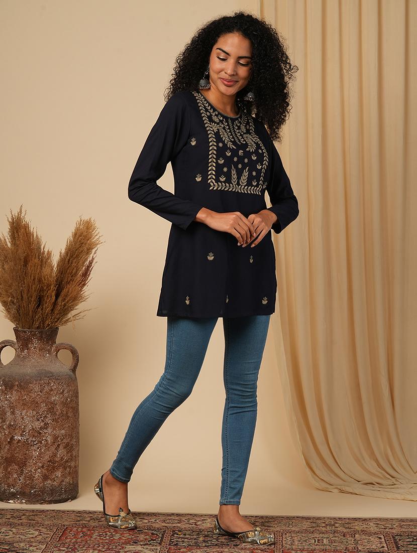 globus women blue yoke embroidered yoke neck ethnic print workwear tunic - 21579855 - Zoom Image - 0