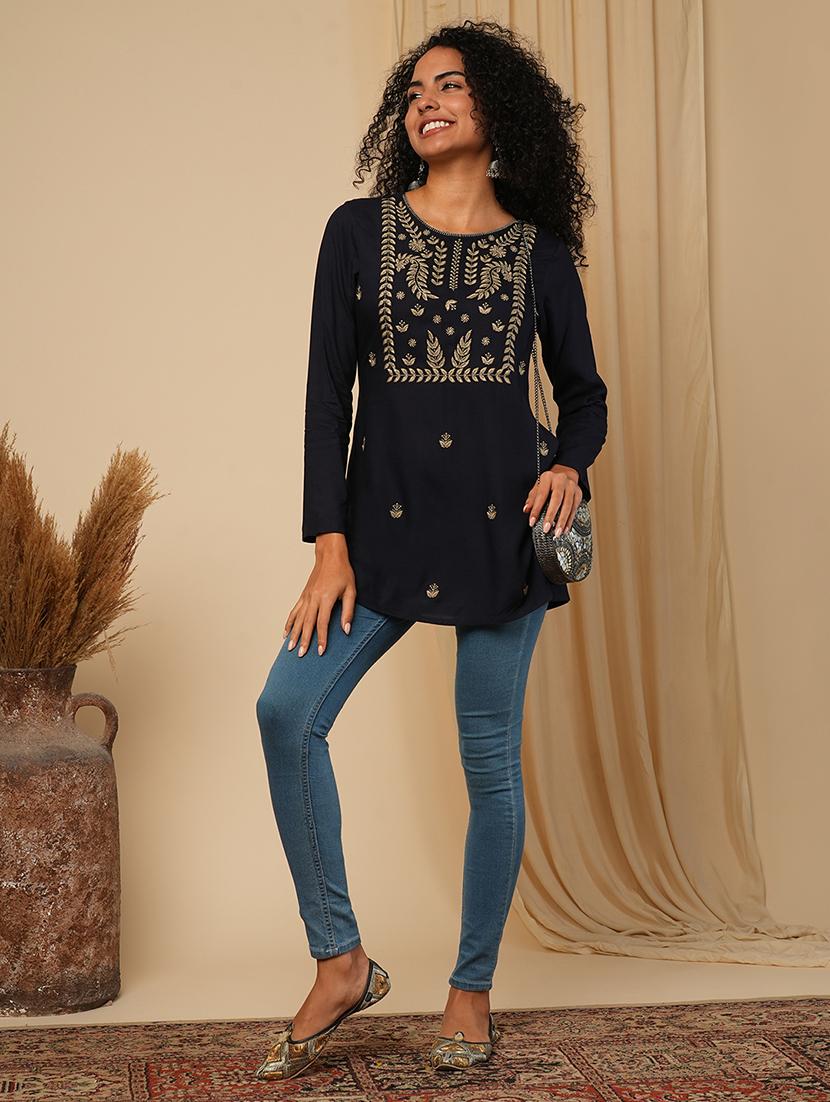 globus women blue yoke embroidered yoke neck ethnic print workwear tunic - 21579855 -  Standard Image - 1