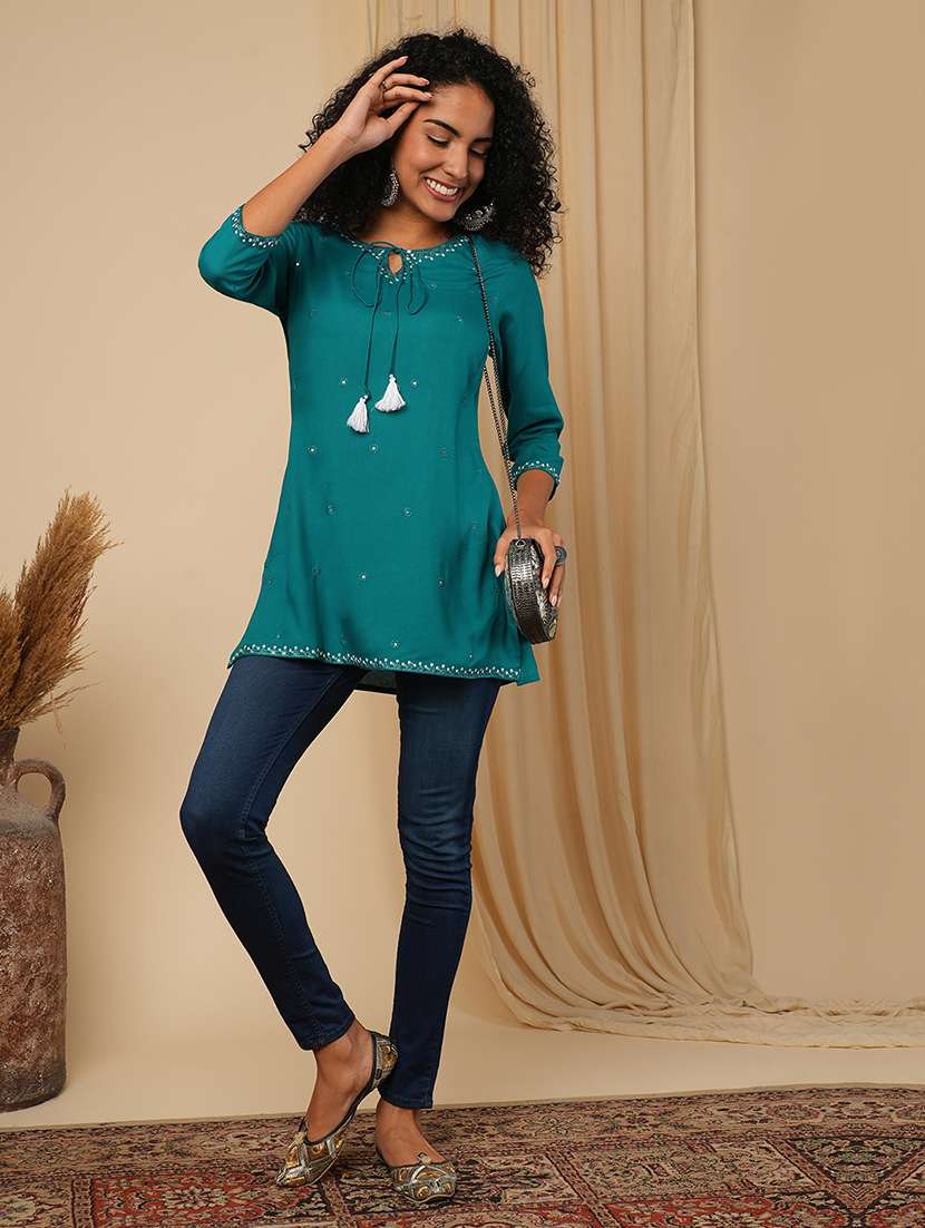 globus women turquoise blue embellished tie -up v-neck workwear tunic