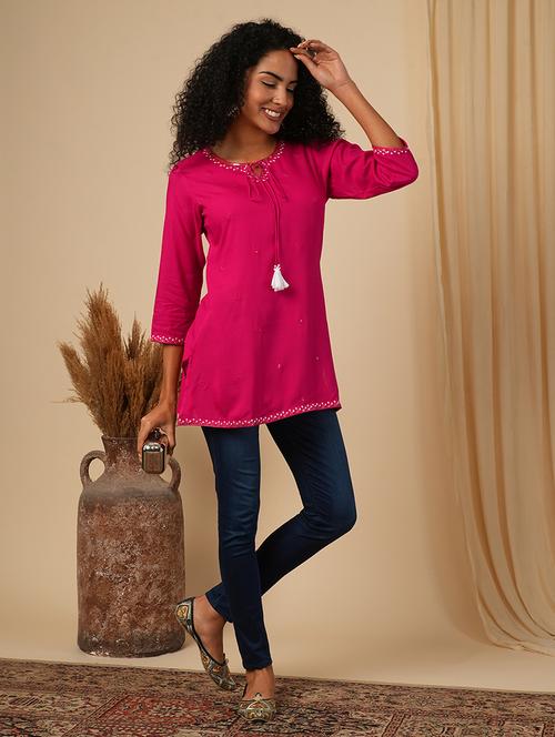 globus women pink embellished tie -up v-neck workwear tunic - 21579857 -  Standard Image - 0