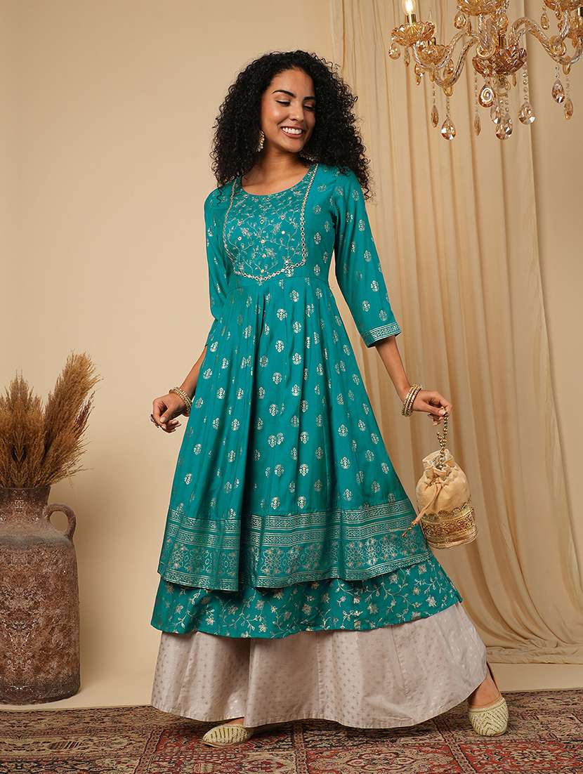 globus women green embroidered yoke gold foil jaal print front slit layered border detailing festive anarkali kurta