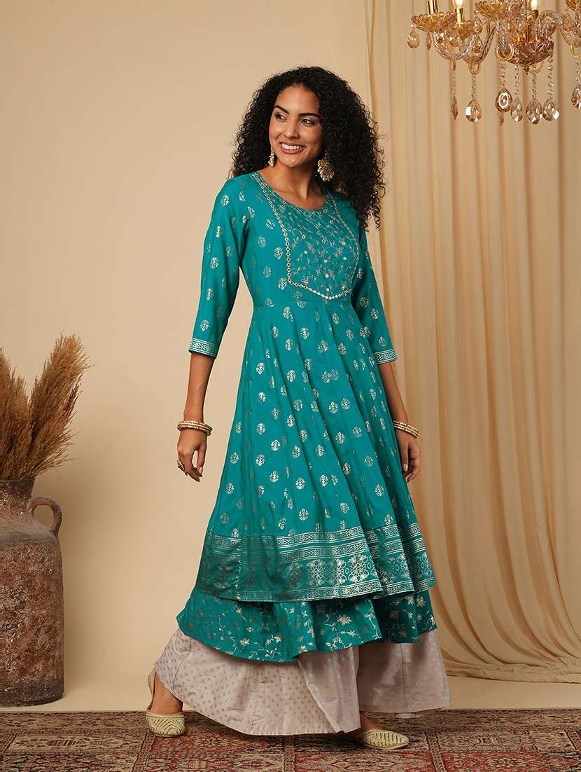 globus women green embroidered yoke gold foil jaal print front slit layered border detailing festive anarkali kurta - 21579862 -  Standard Image - 1