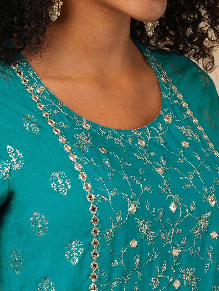 globus women green embroidered yoke gold foil jaal print front slit layered border detailing festive anarkali kurta - 21579862 -  Standard Image - 4