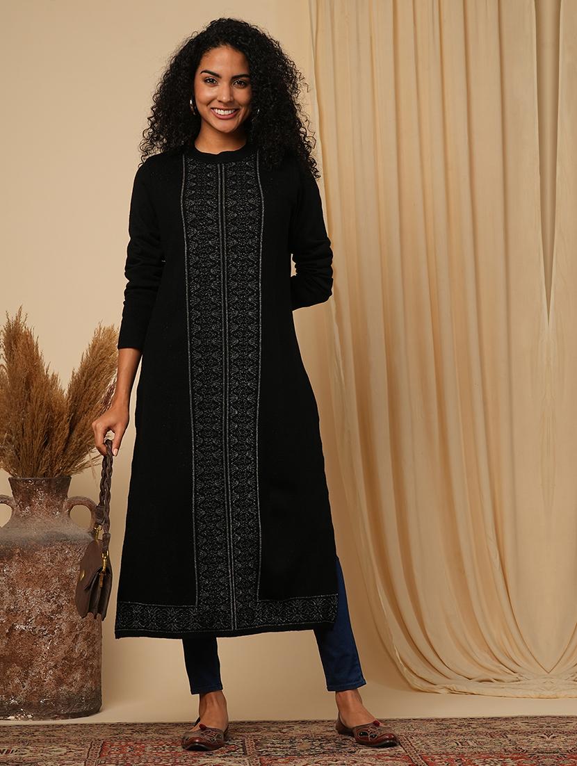 globus women black round neck full sleeves placement weave knitted loose fit calf length winter wear kurta - 21579863 - Standard Image - 1