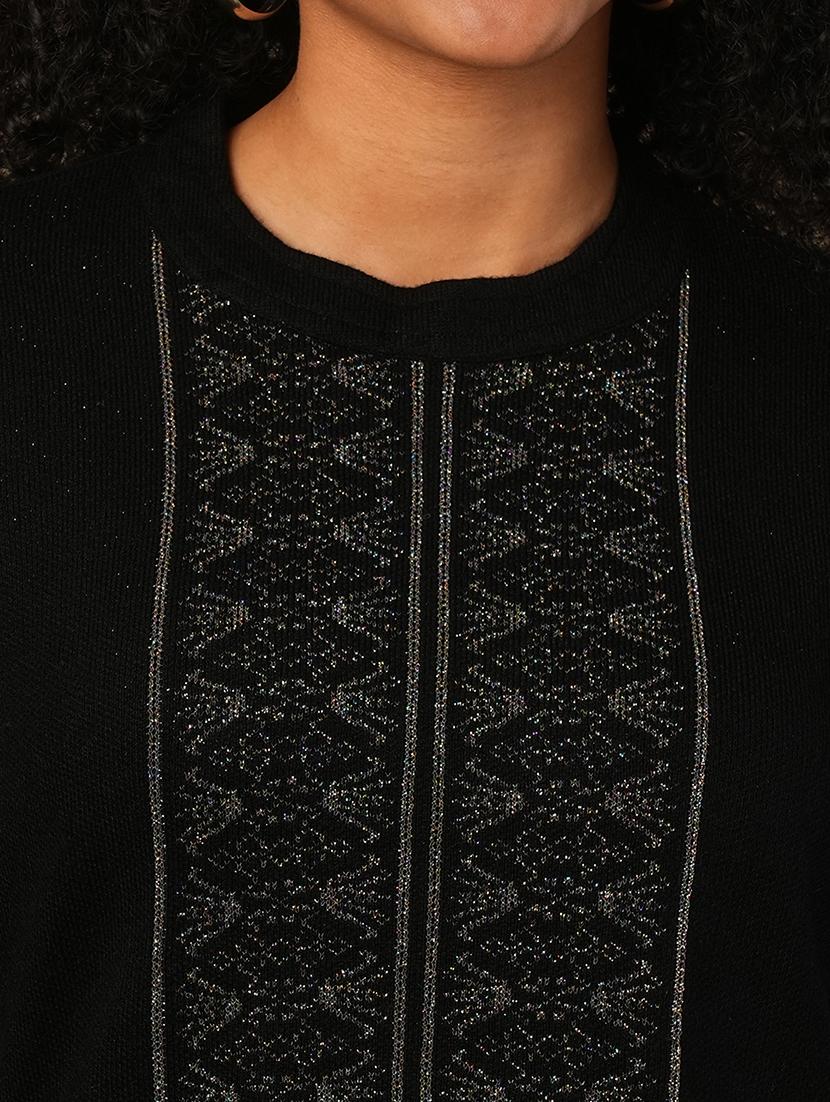 globus women black round neck full sleeves placement weave knitted loose fit calf length winter wear kurta - 21579863 - Standard Image - 4