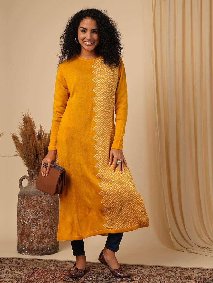 globus women mustard round neck full sleeves geometric print placement weave knitted loose fit calf length winter wear kurta