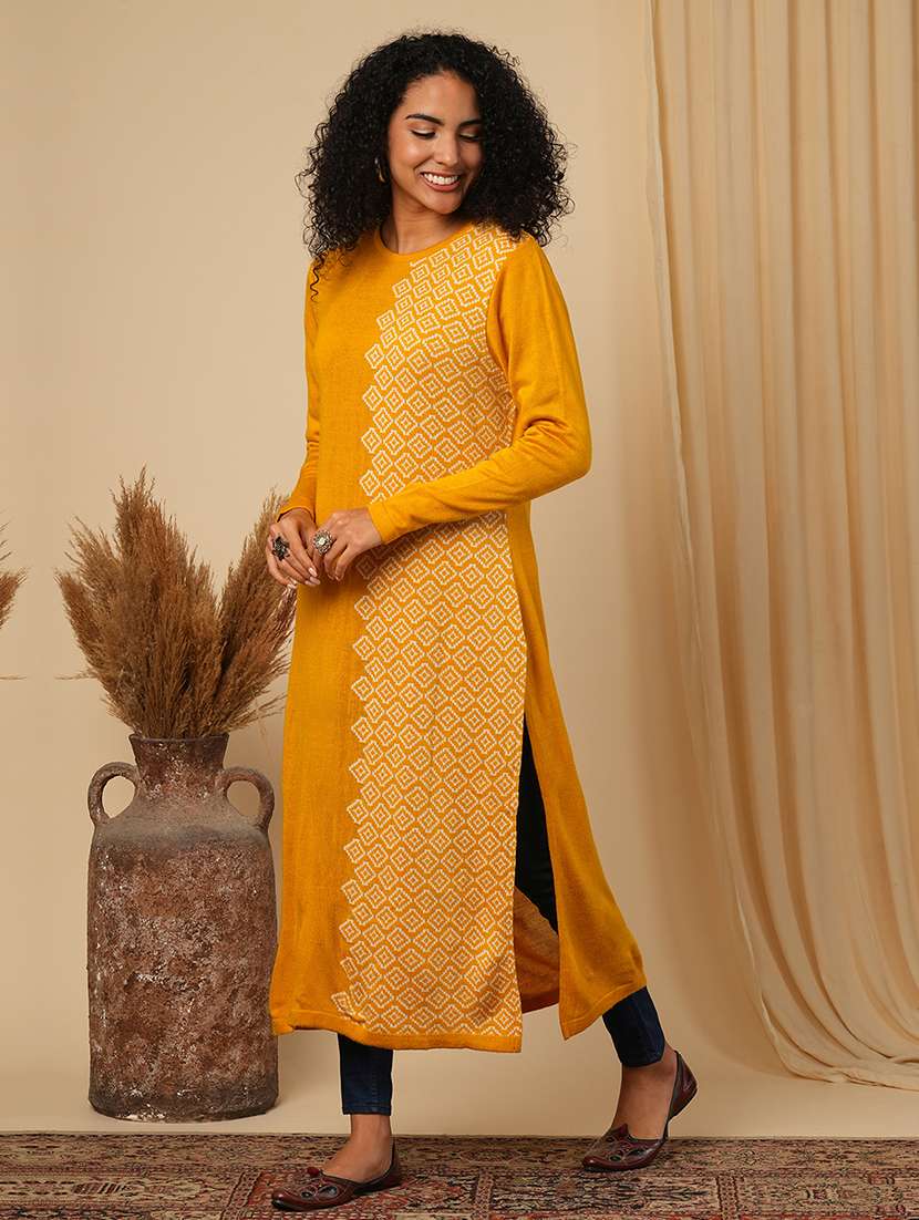 globus women mustard round neck full sleeves geometric print placement weave knitted loose fit calf length winter wear kurta - 21579864 - Standard Image - 1