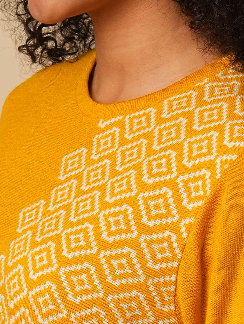 globus women mustard round neck full sleeves geometric print placement weave knitted loose fit calf length winter wear kurta - 21579864 - Standard Image - 4