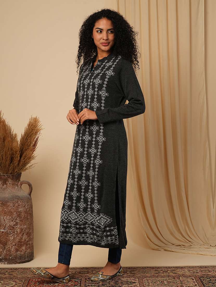 globus women black mandarin neck full sleeves placement weave knitted loose fit calf length winter wear kurta - 21579865 -  Standard Image - 1