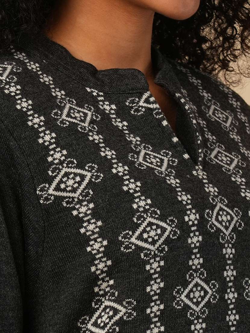 globus women black mandarin neck full sleeves placement weave knitted loose fit calf length winter wear kurta - 21579865 -  Standard Image - 4