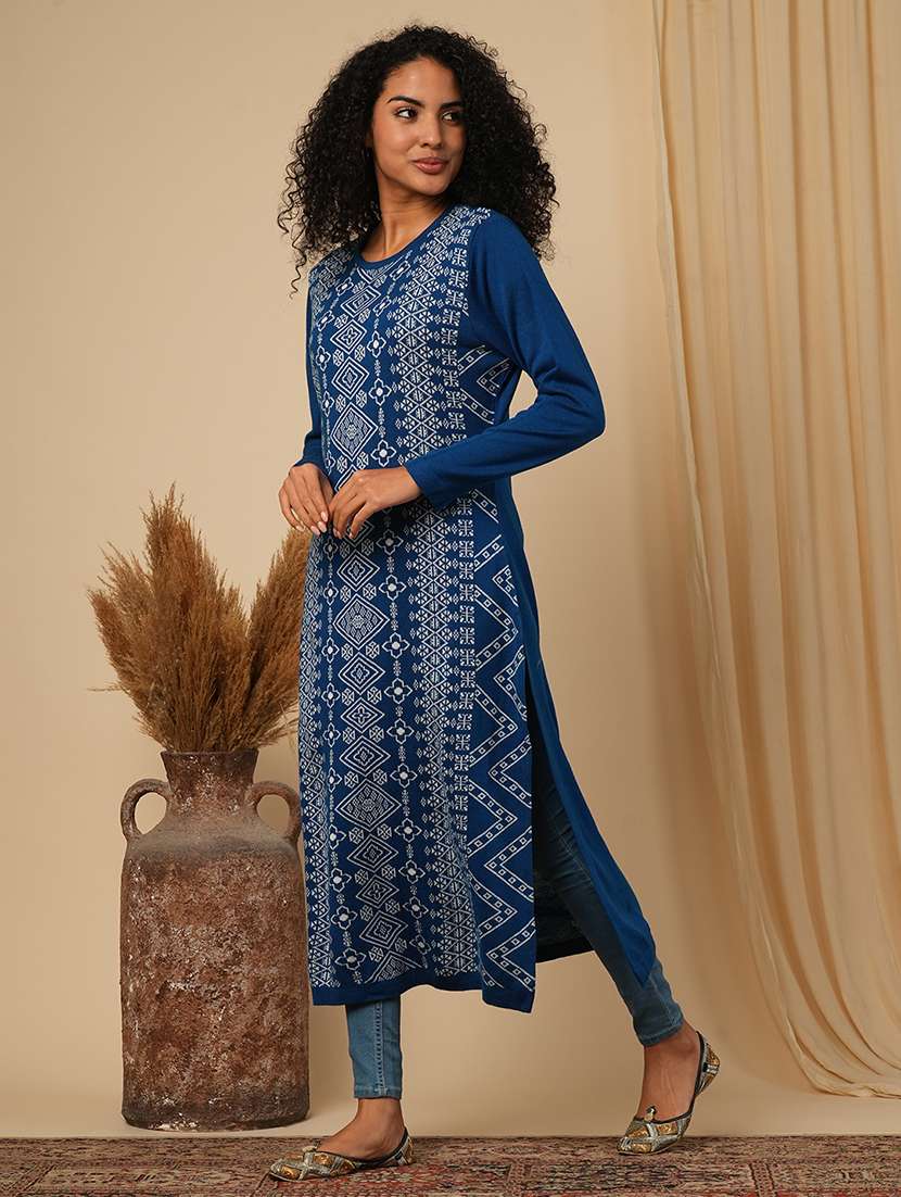 globus women blue round neck full sleeves placement weave knitted loose fit calf length winter wear kurta - 21579866 -  Standard Image - 1