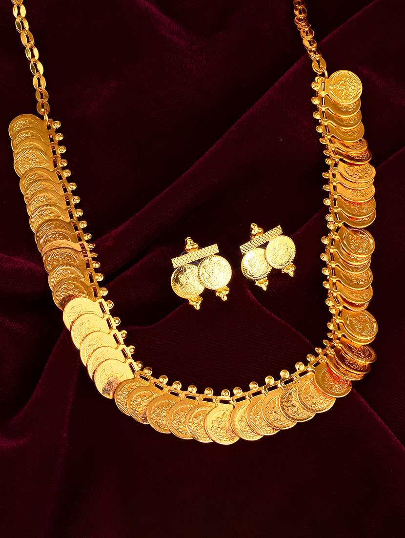 women gold brass long necklace set